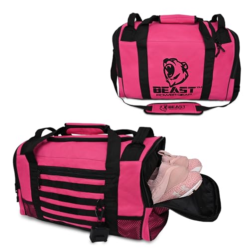 Beast Power Gear Gym Duffle Bag- Workout, Boxing, MMA, Sports Bag with Shoes Compartment and Adjustable Shoulder Strap for Men and Women (Pink/Black)