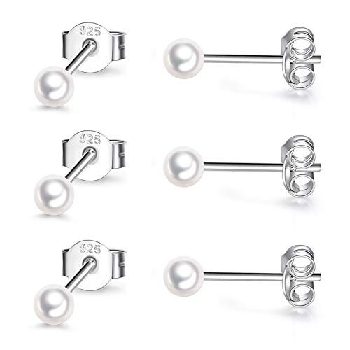 Sterling Silver Stud Earrings for Women Men- 3 Pairs 3mm Tiny Ball Stud Earrings Round CZ Earrings Pearl Earrings Set Cartilage Small Tragus Earrings