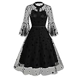 2 Pieces Bow Tie Neck Embroidery Dress for Women Embroidery Tulle Prom Dress Stars Print Embroidered Mesh Dress Illusion Sheer 3/4 Bell Sleeve Formal Short Homecoming Dresses for Teens Black Stars S