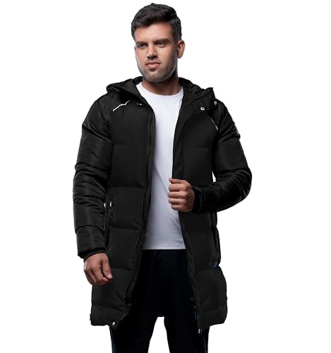 URBAN BUCK Mens Puffer Jacket with Hood Midweight Lonnie Black Long Parka Winter Recycled Down Men Ski Coat (L)