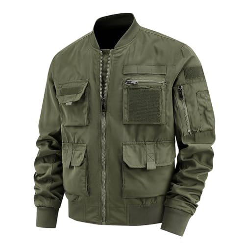Finelylove Mens Military Tactical Jacket Cargo Flight Bomber Jacket Waterproof Nylon Windbreaker with Multi Pockets Fall Jacket Men Army Green 5XL