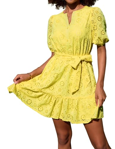 GRACE KARIN Womens Eyelet Vacation Dress Summer A-line Mini Sundress Short Sleeve V Neck Ruffle Short Casual Beach Dress Shift Yellow L