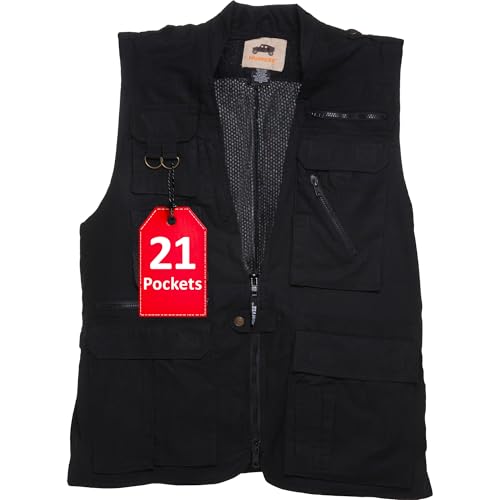 Humvee Photography Utility Vest with 21 Pockets - Perfect for Travel, Safari, Hunting, Camping & More | 100% Cotton, Comfortable & Sturdy| Fishing Vest for Men & Women - Great Gift - Black, Medium