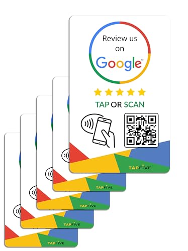 Google Review Tap Cards (5-Pack) by TapFive - Tap for Instant Reviews - All Phones Compatible - Reusable Smart Tap NFC & QR - Boost Business Reviews - Powered by TapFive (5 Card Pack)