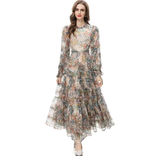 Womens Runway Dresses Ruffled Collar Long Sleeves Floral Printed Tiered High Street Designer A Line Dress Multi L