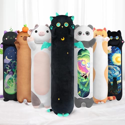 Mewaii Long Cat Plush Kawaii Body Pillow, 53” Cute Black Cat Stuffed Animals Soft Plushies, Big Eyes Kitten Plush Toys Throw Pillow Doll Gift for Girlfriend