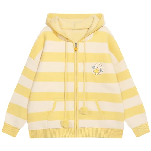 RILGOU Harajuku Y2K Kawaii Goth Fashion Zipper Soft Knitted Cute Embroidery Doggy Trim Stripe Hooded Cardigan Sweater M Yellow