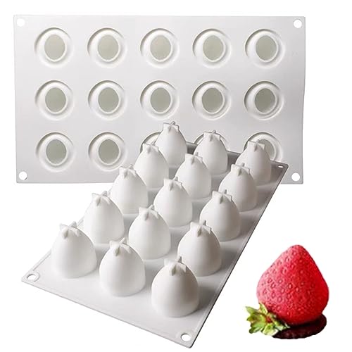 AFINSEA 3D Strawberry Shape Silicone Baking Mold for Mousse Cake, Silicone Molds for Chocolate, French Dessert Mold for Pastry Chocolate, Reusable Non-Stick Easy Release Baking Molds (15-Cavity)