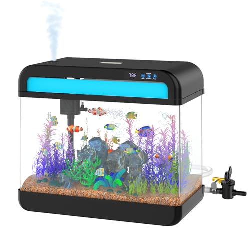 Fish Tank Aquarium 6.3 Gallon with Music Humidifier 7 Color Auto-Looping Light Adjustable Pump with Filtration & Aeration & Circulation, Temperature Display, Bottom Water Changer, HD Glass