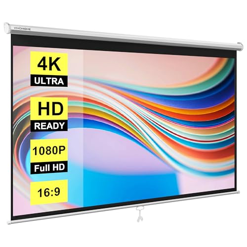 VIVOHOME Projector Screen Pull Down, 16:9 100 Inch Retractable Projection Screen, HD 4K Manual Pull Movie Screen for Home Theater, Cinema, Office (87x49 Inch White)
