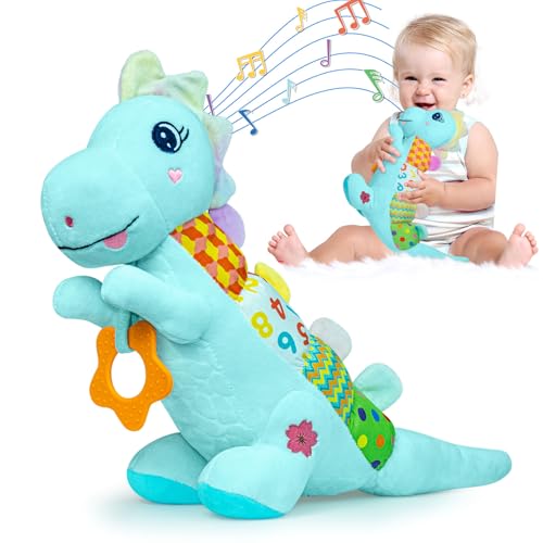 Baby Dino Musical Stuffed Animal Toys for 0-3-6-9-12 Months，Infant Dinosaur Tummy Time Toys with Crinkle Sound Paper,Teether，Textures & Rattles for Newborn Boys Girls Birthday Gifts，Blue