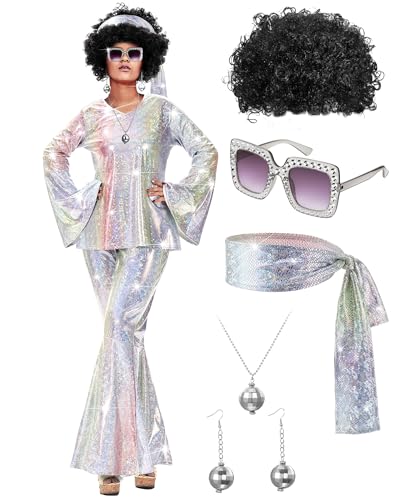 Jexine Halloween 70s Women Disco Costume Set Disco Party Top Pants Sunglasses Ball Necklace Earring Wig(Laser Color,Large)