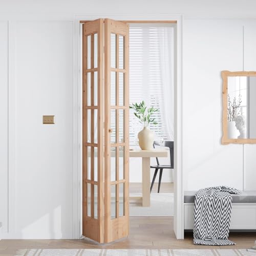 EaseLife Bifold Closet Door,for 36in x 80in (Double 18x80) Opening,French Glass Barn Doors with 3FT Concealed Bi-Fold Sliding Hardware Kit Included,Preassembled Door,Easy Install,DIY staining