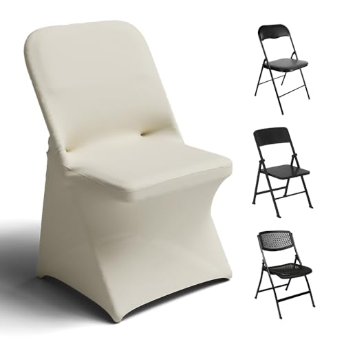 Trlyc Spandex Folding Chair Covers 100 Pcs Universal Fitted Stretchy Dining Chair Slipcovers for Wedding Party Banquet Flat-Front Chairs Cover (Ivory)