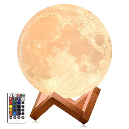 PRUGNA Moon Lamp, 1200mAh Ultra-Long Endurance Night Light, 7.1" 16 Colors LED Moon Light, Remote&Touch Control Room Decor Lamps for Kids Women Gift