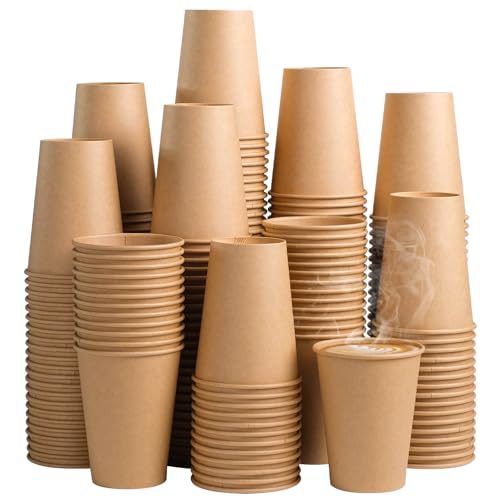 SIUQ 300 Pack 12 oz Kraft Paper Cups, Unbleached Disposable Paper Coffee Cups, Thickened Hot/Cold Beverage Drinking Cup for Party, Home, Cafes, Bistros, Businesses (Brown)
