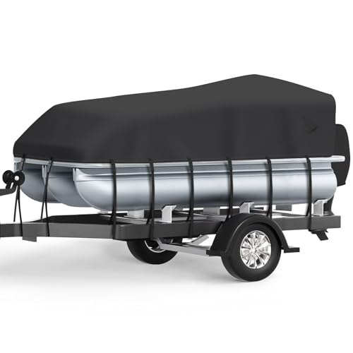 Boatpro Heavy Duty Pontoon Boat Cover 21 22 23 24 ft Foot, Upgraded Waterproof 1200D Marine Grade Canvas Cover Fits Pontoon Boat 21ft-24ft with Motor Cover,Black