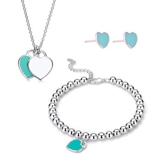 JOOVAYUN Heart Pendant Necklace Charm Bracelet Titanium Heart Love Earrings (Blue)