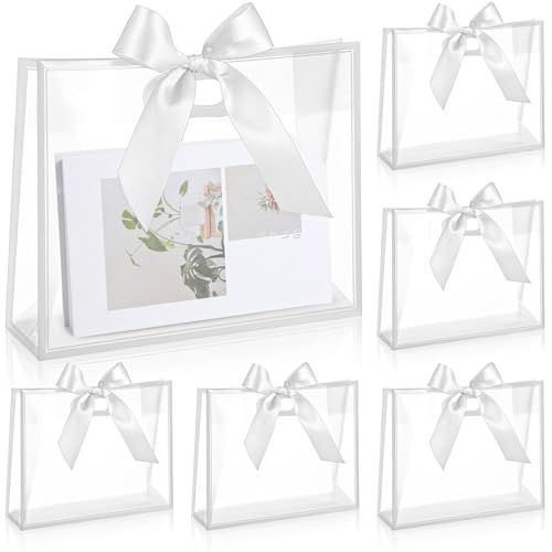 Aliceset 12 Pcs Clear Plastic Gift Bags with Die Cut Handles Reusable Flower Gift Bag with Ribbon for Wedding Bridal Shower Baby Shower Birthday Party Business, 12 x 10 x 5''(White)