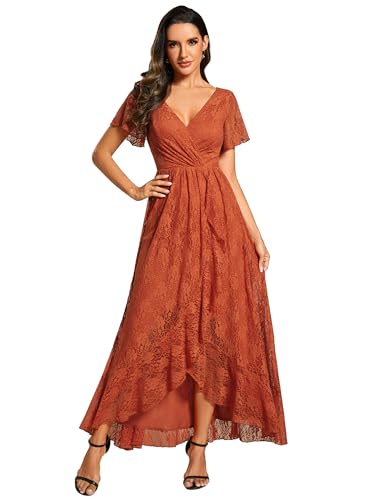 Ever-Pretty Women's Lace V Neck Ruffles Sleeves Pleated Empire Waist A-Line Maxi Formal Dresses Burnt Orange US14