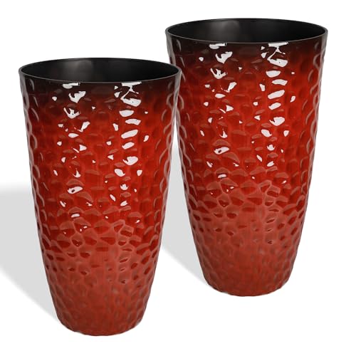 Worth Garden 14" Dia x 24" H Large Plastic Planters with Drainage Hole, Set of 2 Hammered Texture Red Glossy Smooth Finish, Tall Taper Round Decorative Flower Plant Pot for Indoor Outdoor, Front Porch