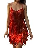 Women's Sequin Cocktail Dresses 1920s Flapper Dress Gatsby Fringe Mini Dresses Feather Prom Party Dress(A-Red,S)