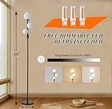 Fiqevs Upgraded Dimmable 3 Globe Floor Lamp, 1000 Lumens LED Bulbs Included, Mid Century Floor Lamp for Living Room, Modern Standing Lamp with Orb Glass Shade, Tall Lamp for Bedroom Office - Black