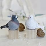 TALKLEK Cute Hand Carved Small Wooden Pigeon Figurines Wood Pigeon Statues for Home Decor Pigeon Ornaments for Shelf Decor (White and Grey Pigeon)