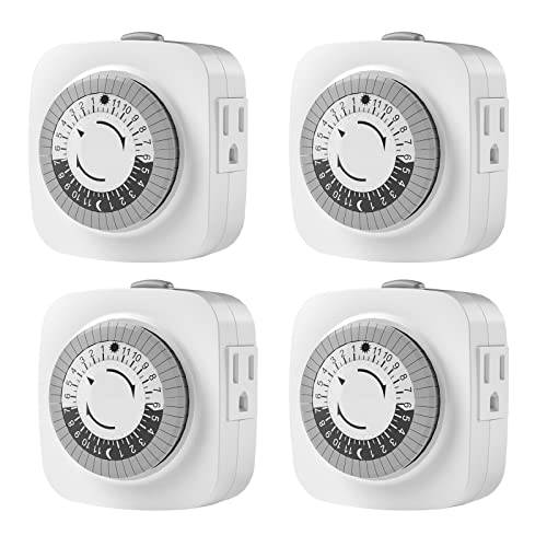 24 Hour Indoor Mechanical Timer with 2 Ground 3 Plug Socket Timer，30 min Daily on/Off Cycle for Lamps, Christmas Tree Lights, ETL Certified, White，4 Pack