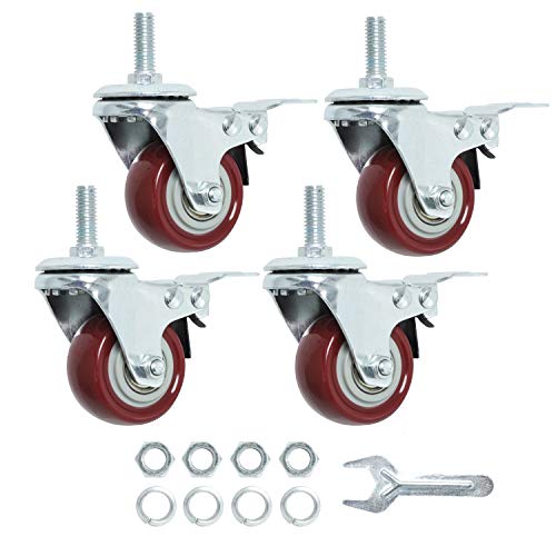 Finnhomy Swivel Caster Wheels 2 Inch Heavy Duty Threaded Stem Casters 3/8"-16x1 with Brake Set of 4 Premium Polyurethane Wheels PU Load Bearing 800 Lbs Anti-wear Smooth Casters, Red