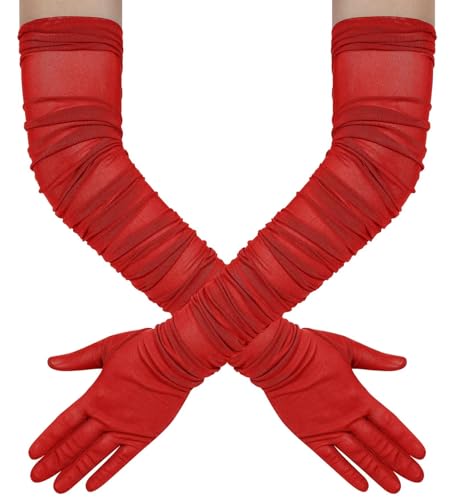 Hazhlko Women's Super Long Stretchy Ruched Mesh Tulle Sheer Gloves Costume Opera Party 1920's Dance Gloves Red