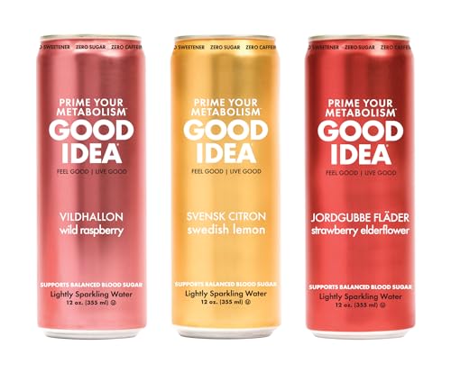 GOOD IDEA - Functional Sparkling Water - 3 Flavors - Primes Metabolism, Balances Blood Sugar - Caffeine Free, Vegan, Keto Friendly, Non GMO, Gluten Free, Kosher - Variety Pack Bundle - 12oz - 18 Cans