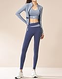 Oceira Women Activewear Gymwear Yoga Suit Athleisure Five Piece Set, T-Shirt, Jacket, Sports Bra, Leggings, Running Shorts (Blue, L)