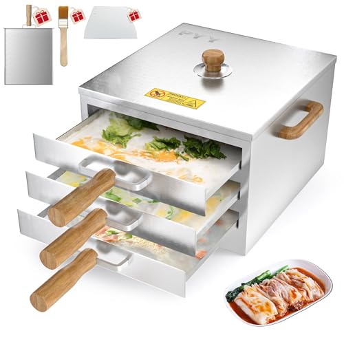 PYY Rice Noodle Roll Steamer Machine - 3 Layers 4 Trays Cantonese Cheung Fun Maker for Commercial Chinese Restaurant Home Use with Extra Stainless Steel Steam Tray and Handle