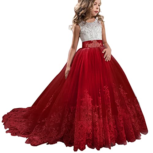 TTYAOVO Girls Embroidery Princess Dress Wedding Birthday Party Long Tail Prom Gowns Size(150) 10-11 Years Red