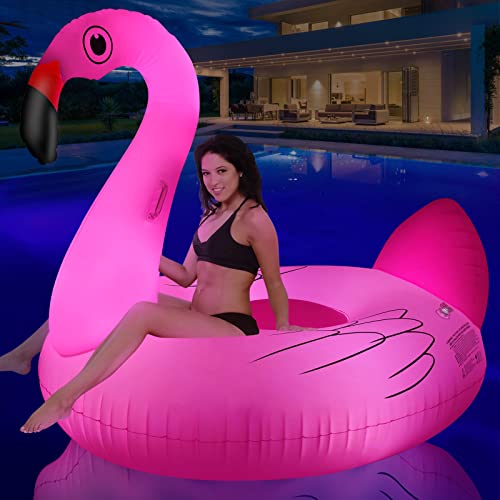 Big Flamingo Pool Floats Solar Powered Swan Pool Floats Adult with LED Color Changing Lights, 69 Inch Large Inflatable Pool Floaties with Cup Holder, Turtle Lake Float Lounger