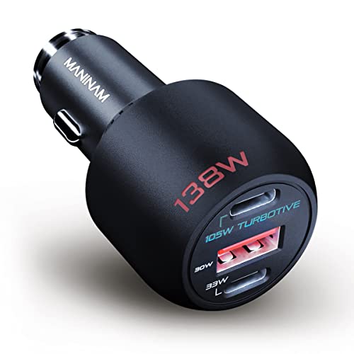 MANINAM Metal USB-C Car Charger, 138W Dual Ports with Power Delivery PPS – Super Fast Charging for Laptops, iPhone 16, Samsung S24, iPad & More – Multi-Device Quick Charge Adapter