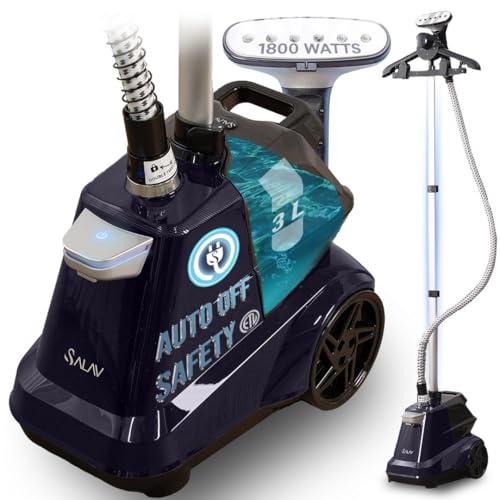 SALAV® Heavy Duty Smart Auto Shut-off Commercial Full-Size Garment Steamer, Beeping Alert when Water Runs out, Foot Pedal Control, XL 3L (101.5 oz) Tank, 1800 watts, 90+min of Continuous Steam, Navy