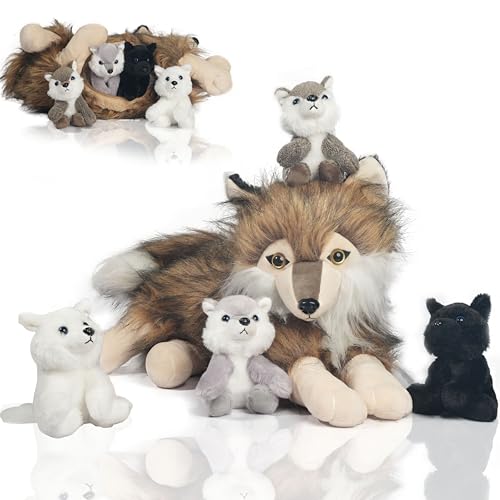 5 Pcs Wolf Stuffed Animal Plush Toy, 16 Inch Mommy Stuffed Wolf with 4 Baby Wolves in Her Zippered Pouch,Cute Nurturing Wolves Plushies for Kids Boys Girls Christmas Birthday Gifts Party Decoration