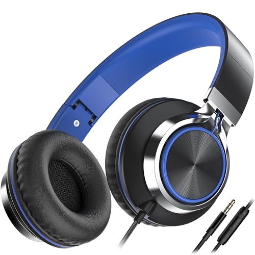 AILIHEN C8 Headphones Wired, On-Ear Kids Headphones with Microphone and Volume Control Foldable Corded Stereo 3.5mm Headset for School Teens Smartphones Chromebook Laptop Tablets Travel (Black Blue)