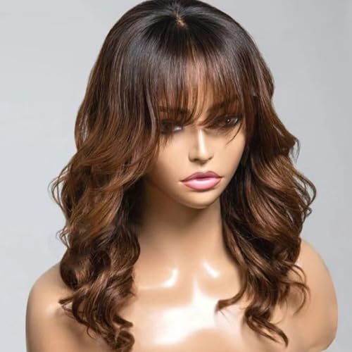 Ombre Brown Layered Cut Wavy Human Hair Wig With Bangs HD Transparent 13X4 Glueleee Lace Front Brazilian Human Hair Wig Bleached Knots 1B 30 Colored Loose Wave Bangs Wig 150 Density for Women 16"