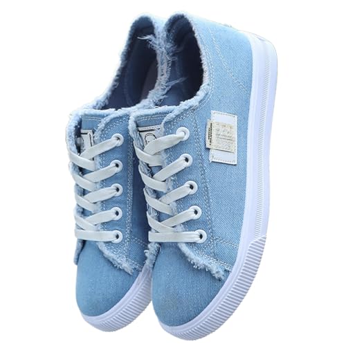Loizziuy Women's Canvas Shoes Fringed Hem Denim Fabric Autumn Style Spring Casual Sports Preppy Flat Sneakers for Students (Blue,7)