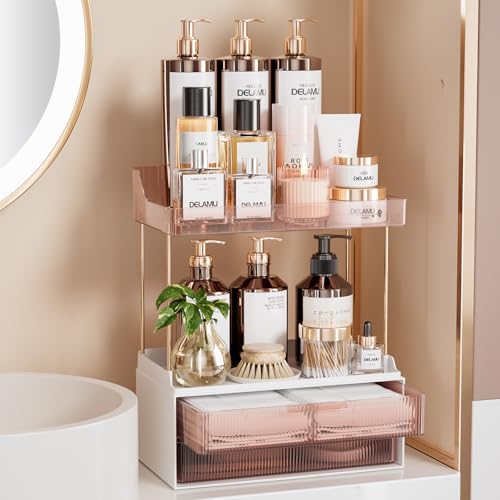 Delamu Bathroom Organizers and Storage, 2-Tier 2-Drawer Makeup Organizer Countertop, Easy to Install, Ideal for Bathroom Storage, Vanity, Large Skincare, Perfume, Present, and More, Grapefruit