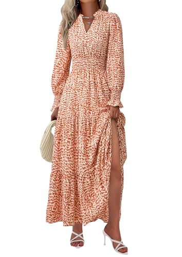 PRETTYGARDEN Women's Floral Maxi Dress 2025 Fall Long Sleeve V Neck Casual A Line Long Flowy Boho Party Dresses (Floral Orange,XX-Large)