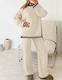 ZESICA Womens Casual 2 Piece Outfits Sweater Sets Long Sleeve Pullover Tops Wide Leg Pants Lounge Set,Apricot,Medium