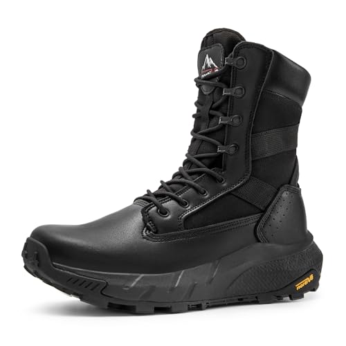 NORTIV 8 Men's Breathable Tactical Military Work Boots Side Zipper Leather Lightweight Hiking Motorcycle Combat Boots 8 Inches Recon,Size 10.5,Black,SNMT242M