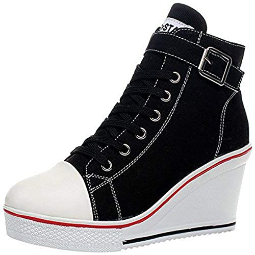 ALLINNINE Women's Sneaker Shoes High Heel Fashionable Canvas Shoes High Tube Lace Up Wedge Edge Zipper Slope Angle Shoes Size 4-11,Black,6