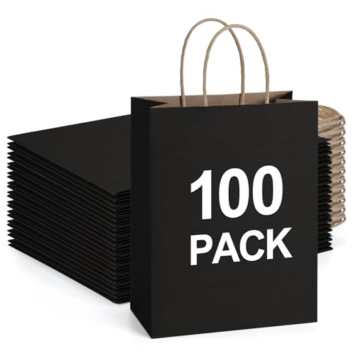 BagDream Recyclable Kraft Paper Gift Bag, 8x4.25x10.5 Inches, 100Pcs, Black, with Handles, Bulk, FSC Compliant, Multipurpose
