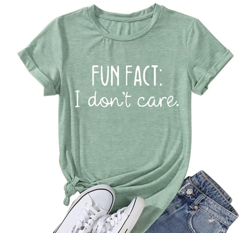 Fun Fact I Don't Care T-Shirt for Women Funny Saying Sarcastic T-Shirt Adult Humor Gift Tee Summer Casual Short Sleeve Tee Tops (Light Green XXL)