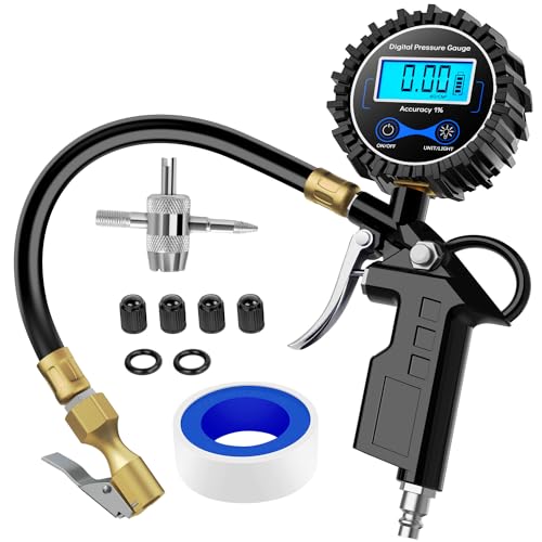 Nilight 50026R Digital Tire Inflator Pressure Gauge,250 PSI Air Chuck and Compressor Accessories Heavy Duty with Rubber Hose and Quick Connect Coupler for 0.1 Display Resolution